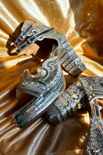 Chal Jooti_Red Embroidery, Sequins, Mirrors, Silver Desi Disco Ball Embellished Block Heels _Online_at_Aza_Fashions