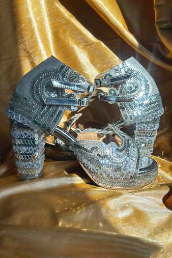Shop_Chal Jooti_Red Embroidery, Sequins, Mirrors, Silver Desi Disco Ball Embellished Block Heels _at_Aza_Fashions