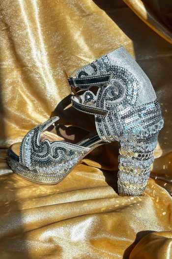 Buy_Chal Jooti_Red Embroidery, Sequins, Mirrors, Silver Desi Disco Ball Embellished Block Heels _Online_at_Aza_Fashions