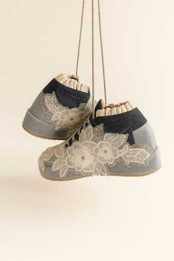 Chal Jooti_Blue Daisy Denim Embroidered Sneaker Wedges _Online_at_Aza_Fashions