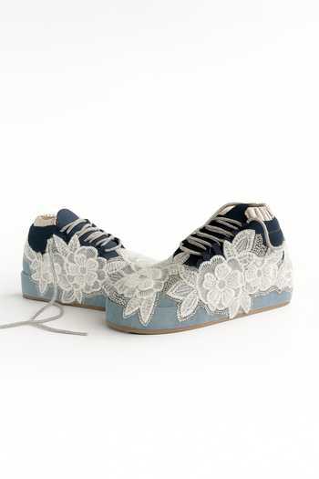 Shop_Chal Jooti_Blue Daisy Denim Embroidered Sneaker Wedges _at_Aza_Fashions