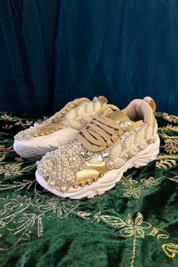 Shop_Chal Jooti_White Crown Of Pearls Embroidered Sneakers _Online_at_Aza_Fashions