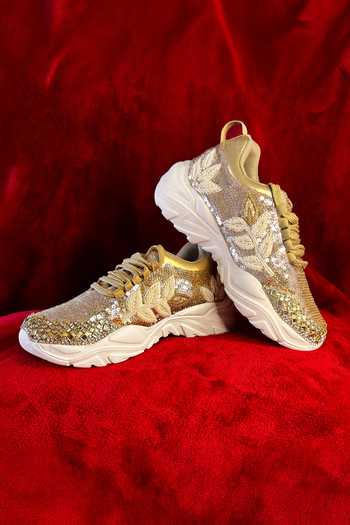 Shop_Chal Jooti_Gold Madhumalti Embroidered Sneakers _at_Aza_Fashions