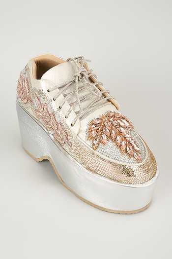 Chal Jooti_Silver Roselit Rhapsody Embroidered Sneakers _at_Aza_Fashions