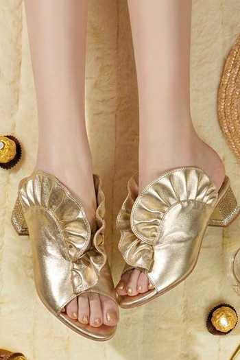 Chal Jooti_Gold Sequins, Ruffles The Conch Heels _Online_at_Aza_Fashions