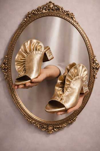 Shop_Chal Jooti_Gold Sequins, Ruffles The Conch Heels _at_Aza_Fashions