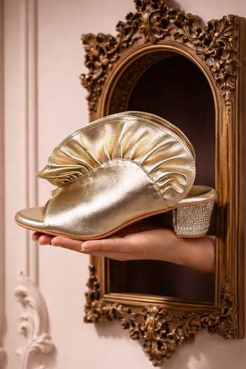 Chal Jooti_Gold Sequins, Ruffles The Conch Heels _at_Aza_Fashions