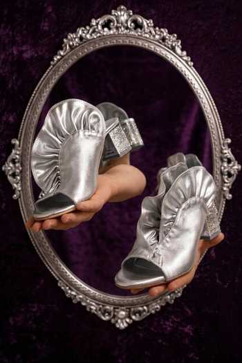 Shop_Chal Jooti_Silver Sequins, Ruffles Conch Heels _at_Aza_Fashions