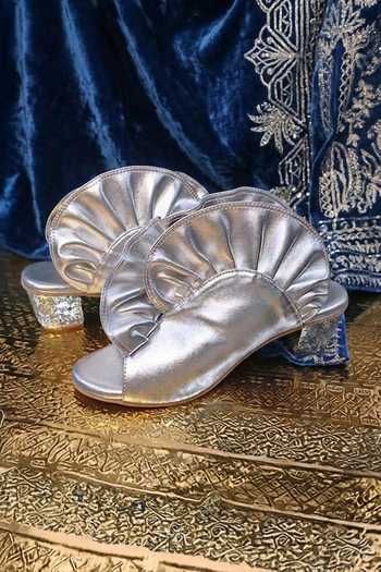 Shop_Chal Jooti_Silver Sequins, Ruffles Conch Heels _Online_at_Aza_Fashions