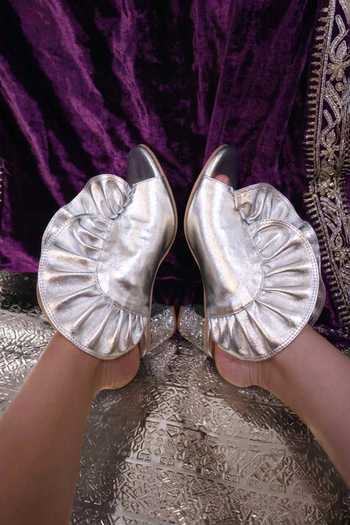 Chal Jooti_Silver Sequins, Ruffles Conch Heels _at_Aza_Fashions