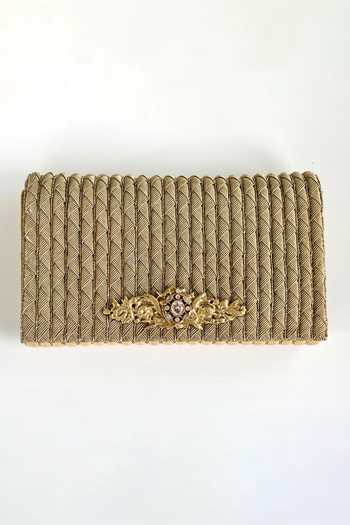 Buy_Kokommo_Gold Embroidery, Zari, Stones, Crystals Corda Zardosi Clutch And Chain _at_Aza_Fashions