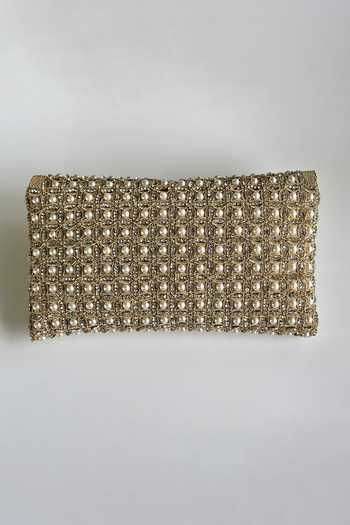 Shop_Kokommo_White Pearls, Zari, Faux Diamonds The Cara Dupion Silk Clutch _at_Aza_Fashions
