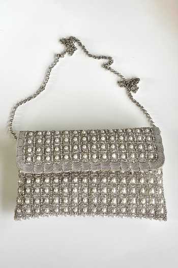 Buy_Kokommo_White Pearls, Zari, Faux Diamonds The Cara Dupion Silk Clutch _at_Aza_Fashions