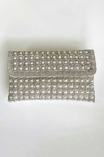 Kokommo_White Pearls, Zari, Faux Diamonds The Cara Dupion Silk Clutch _Online_at_Aza_Fashions