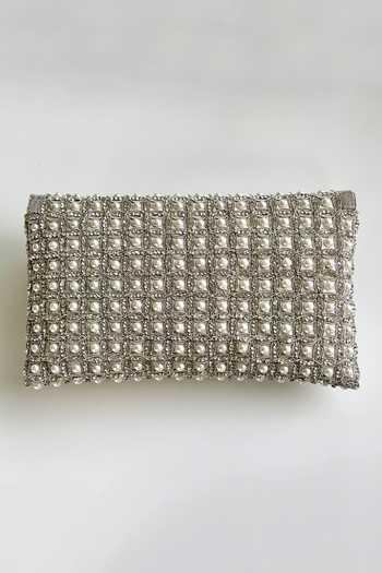 Shop_Kokommo_White Pearls, Zari, Faux Diamonds The Cara Dupion Silk Clutch _at_Aza_Fashions