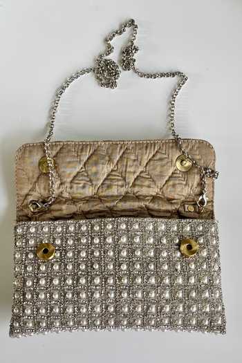 Buy_Kokommo_White Pearls, Zari, Faux Diamonds The Cara Dupion Silk Clutch _Online_at_Aza_Fashions