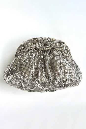 Shop_Kokommo_Silver Crystals, Metallic Thread, Alessandra Chainmail Embellished Clutch _at_Aza_Fashions