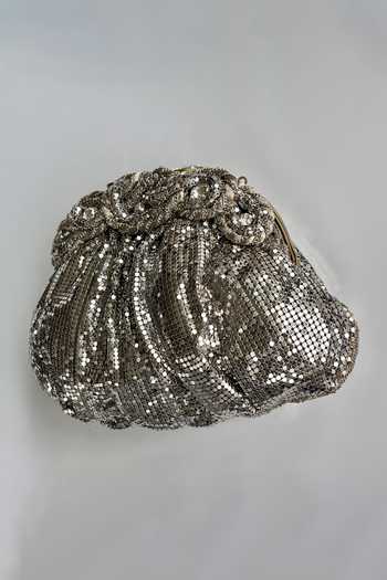 Buy_Kokommo_Silver Crystals, Metallic Thread, Alessandra Chainmail Embellished Clutch _at_Aza_Fashions