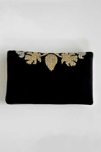 Shop_Kokommo_Black Embroidery, Zari Fiorella Zardozi Clutch And Sling _at_Aza_Fashions