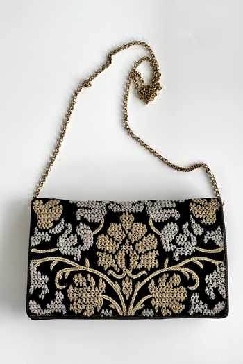Buy_Kokommo_Black Embroidery, Zari Fiorella Zardozi Clutch And Sling _at_Aza_Fashions