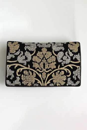 Shop_Kokommo_Black Embroidery, Zari Fiorella Zardozi Clutch And Sling _Online_at_Aza_Fashions