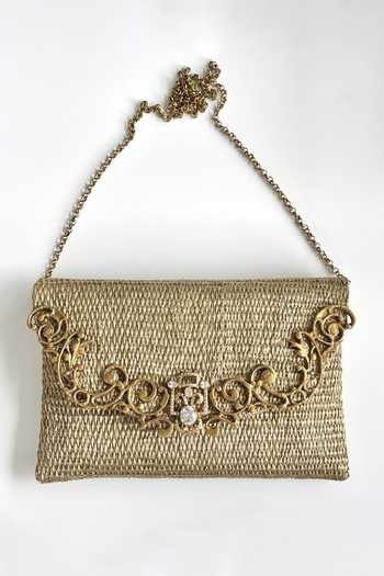 Buy_Kokommo_Gold Stones, Crystals, Brooches Fiora Dupion Silk Clutch And Handbag Set _at_Aza_Fashions