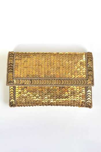 Buy_Kokommo_Gold Sequins, Zari, Chains The Scala Dupion Silk Clutch _at_Aza_Fashions
