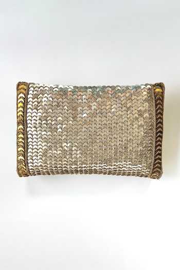 Shop_Kokommo_Gold Sequins, Zari, Chains The Scala Dupion Silk Clutch And Handbag Set _at_Aza_Fashions