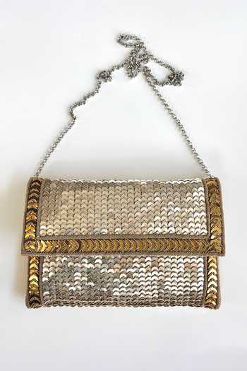 Buy_Kokommo_Gold Sequins, Zari, Chains The Scala Dupion Silk Clutch And Handbag Set _at_Aza_Fashions