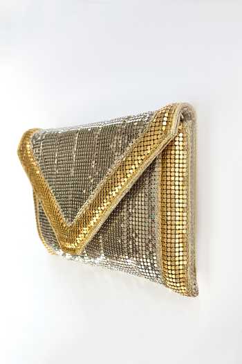 Kokommo_Gold Sequins The Maille Dupion Silk Handbag _Online_at_Aza_Fashions