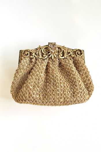 Shop_Kokommo_Gold Embroidery, Zari, Stones, Crystals, The Brittany Dupion Silk Clutch And _at_Aza_Fashions