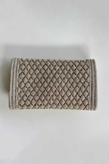 Shop_Kokommo_Silver Zari, Stones, Crystals, Metallic The Pique Dupion Silk Handbag And Chain _at_Aza_Fashions