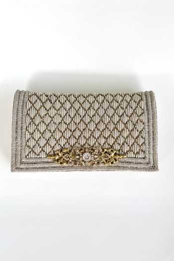 Kokommo_Silver Zari, Stones, Crystals, Metallic The Pique Dupion Silk Handbag And Chain _Online_at_Aza_Fashions