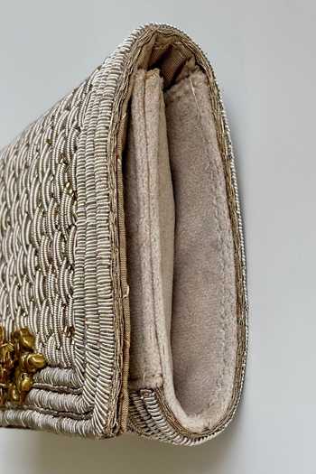 Buy_Kokommo_Silver Zari, Stones, Crystals, Metallic The Pique Dupion Silk Handbag And Chain _Online_at_Aza_Fashions
