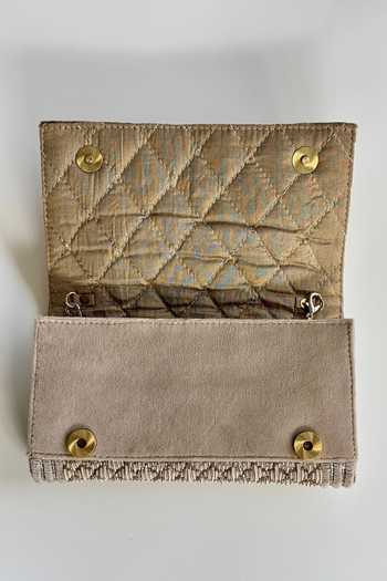Shop_Kokommo_Silver Zari, Stones, Crystals, Metallic The Pique Dupion Silk Handbag And Chain _Online_at_Aza_Fashions