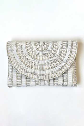 Buy_Kokommo_White Embroidery, Sequins, Beads, Pearls The Soleil Dupion Silk Clutch _at_Aza_Fashions