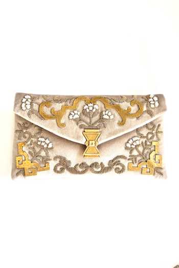 Buy_Kokommo_White Embroidery, Pearls, Zari Parterre Handbag _at_Aza_Fashions