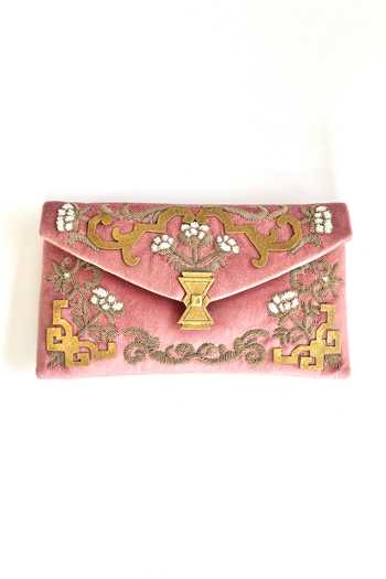 Buy_Kokommo_Pink Embroidery, Pearls, Zari, Crystals The Parterre Dupion Silk Clutch _at_Aza_Fashions