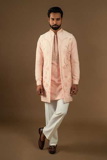 Buy_Punit Arora_Pink Silk, Cotton Zardozi Longline Embroidered Bundi Kurta Set _at_Aza_Fashions