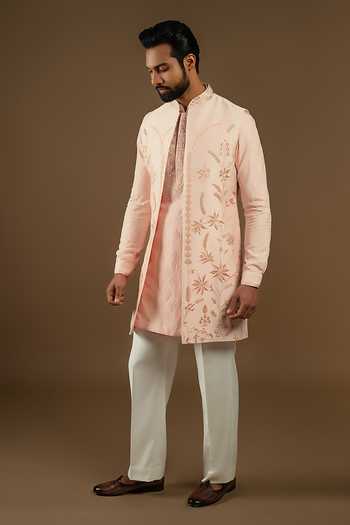 Buy_Punit Arora_Pink Silk, Cotton Zardozi Longline Embroidered Bundi Kurta Set _Online