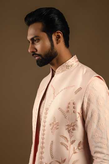 Shop_Punit Arora_Pink Silk, Cotton Zardozi Longline Embroidered Bundi Kurta Set _Online