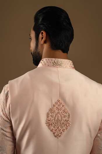 Shop_Punit Arora_Pink Silk, Cotton Zardozi Longline Embroidered Bundi Kurta Set _at_Aza_Fashions