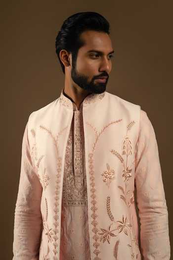 Punit Arora_Pink Silk, Cotton Zardozi Longline Embroidered Bundi Kurta Set 