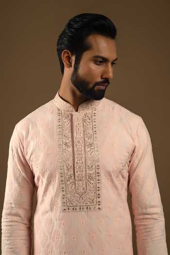 Punit Arora_Pink Silk, Cotton Zardozi Longline Embroidered Bundi Kurta Set 
