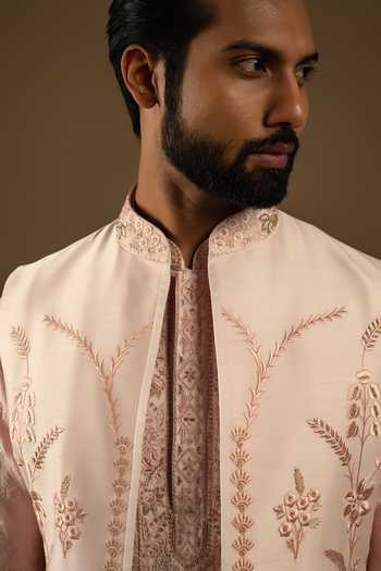 Punit Arora_Pink Silk, Cotton Zardozi Longline Embroidered Bundi Kurta Set 