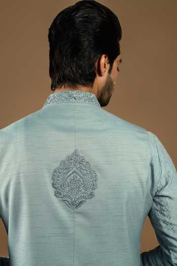 Shop_Punit Arora_Blue Silk, Cotton Embroidery Longline Tonal Bundi Kurta Set _at_Aza_Fashions
