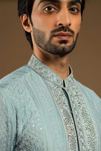 Buy_Punit Arora_Blue Silk, Cotton Embroidery Longline Tonal Bundi Kurta Set 