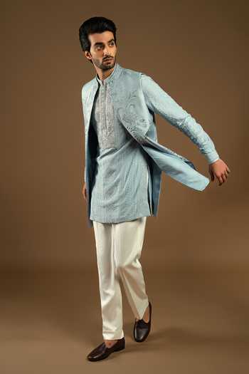 Punit Arora_Blue Silk, Cotton Embroidery Longline Tonal Bundi Kurta Set _Online