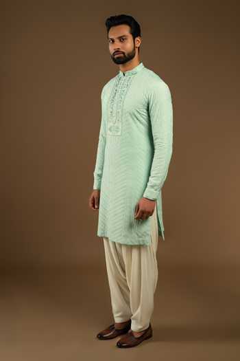 Punit Arora_Green Silk, Cotton Tonal Embroidered Bundi Kurta Set _Online_at_Aza_Fashions