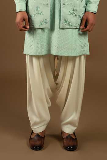 Buy_Punit Arora_Green Silk, Cotton Tonal Embroidered Bundi Kurta Set _Online_at_Aza_Fashions